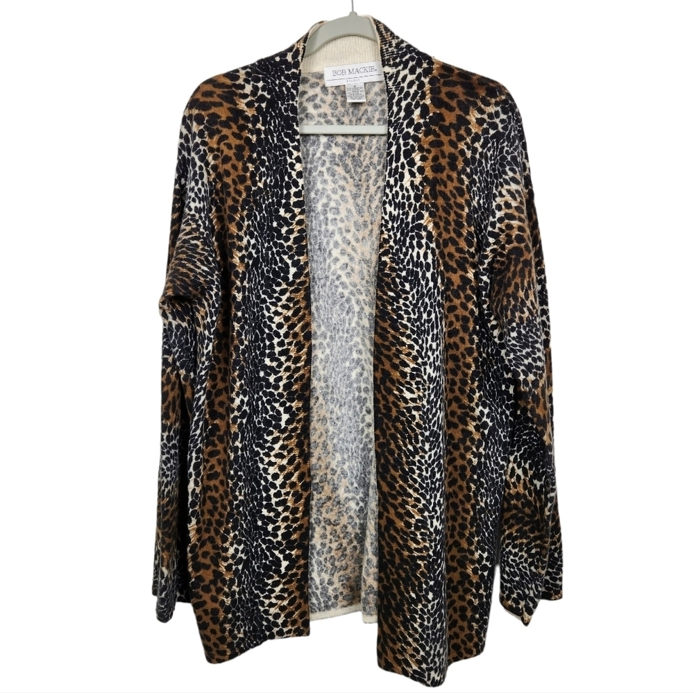 Bob Mackie Lambswool Angora Lambs Wool Hair Longline Cardigan Cheetah Size Small